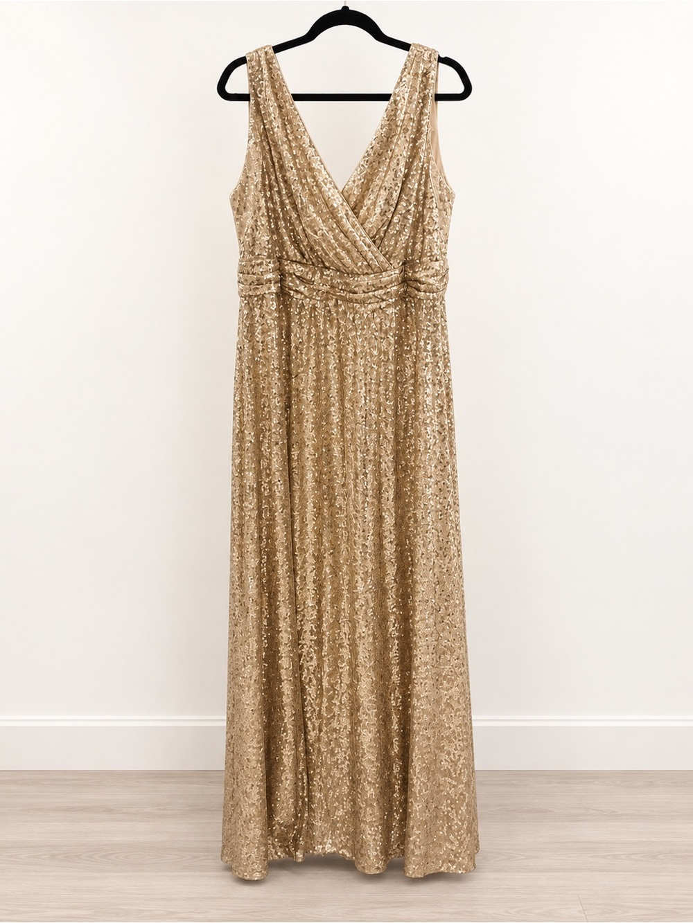 David's Bridal Gold Sequin V-Neck Evening Gown